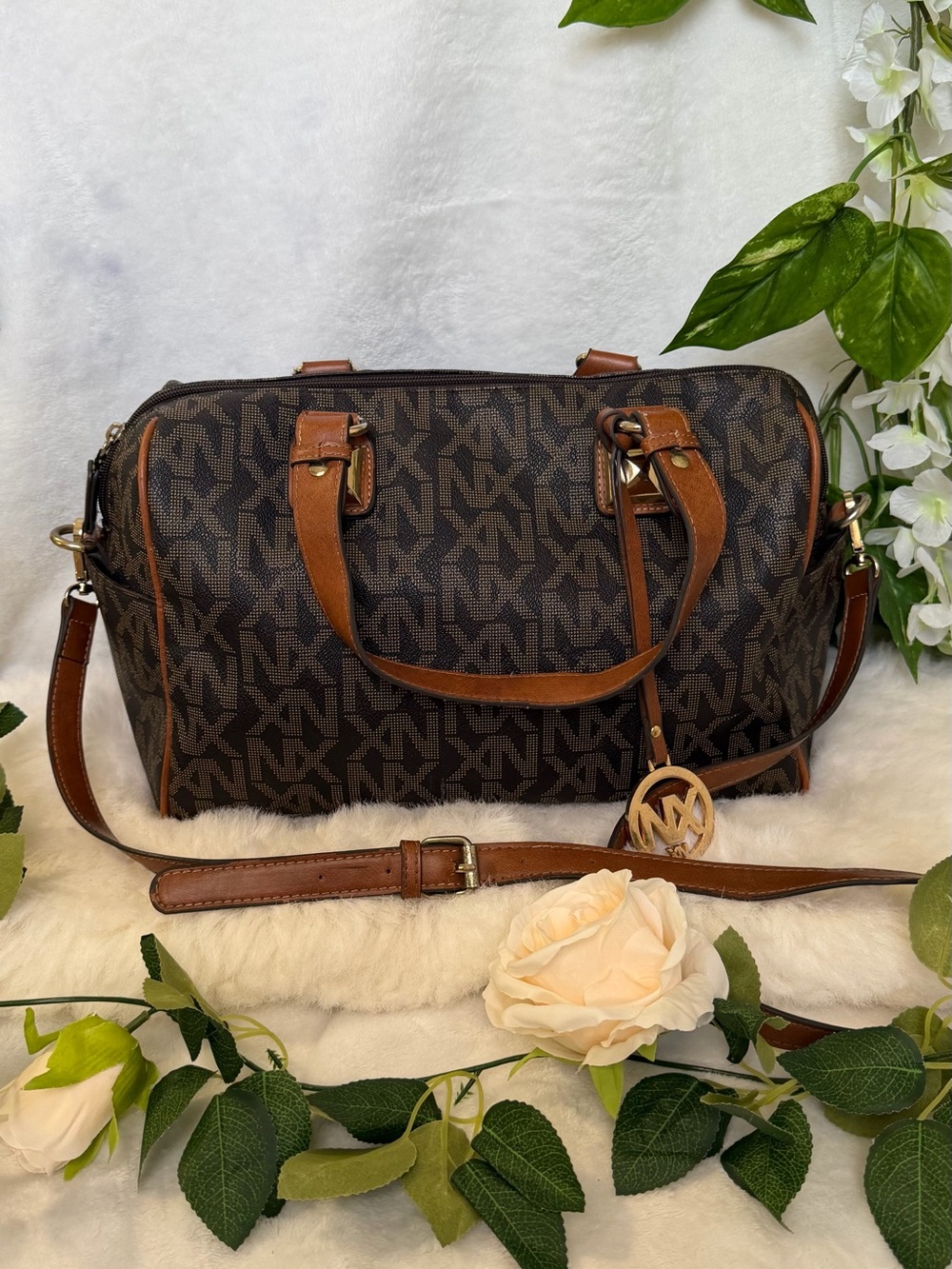 NX Noble Exchange Brown Monogram Large Satchel Shoulder Crossbody Bag